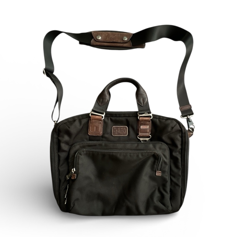 Tumi Alpha Bravo Yuma Slim Briefcase laptop bag black nylon leather trim handle